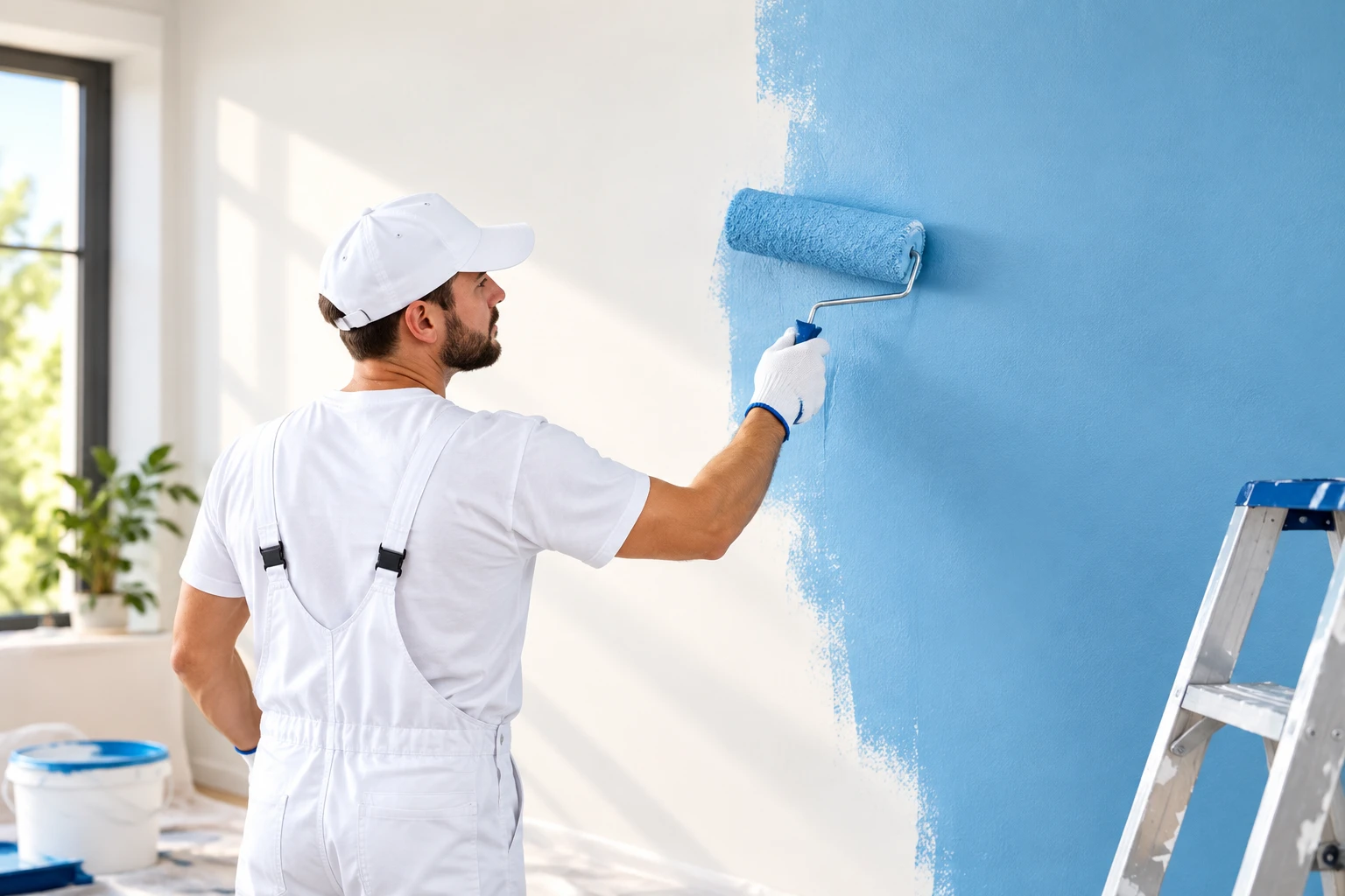 Professional painters Auckland applying blue paint to an interior wall